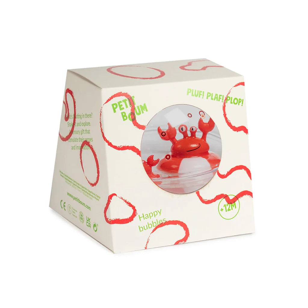 DĂ©couvrez les balles sensorielles Petit Boum Happy Bubbles Crabs đŠ ! Parfaites pour le bain, elles Ă©veillent les sens de bĂ©bĂ© grĂące Ă  leurs textures et paillettes magiques.