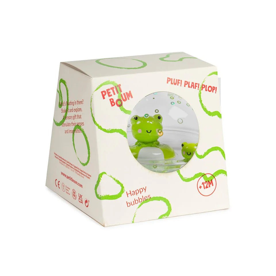 DĂ©couvrez les balles sensorielles Petit Boum Happy Bubbles Froggies đž ! Parfaites pour le bain, elles stimulent les sens et la motricitĂ© fine de bĂ©bĂ© avec paillettes et couleurs magiques.