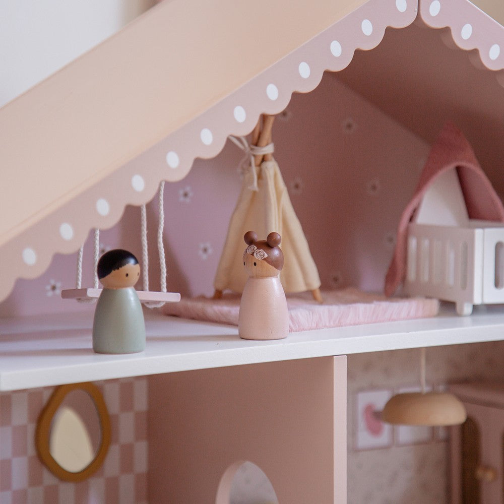 Maison de poupĂ©es en bois â Rose avec accessoires et poupĂ©es