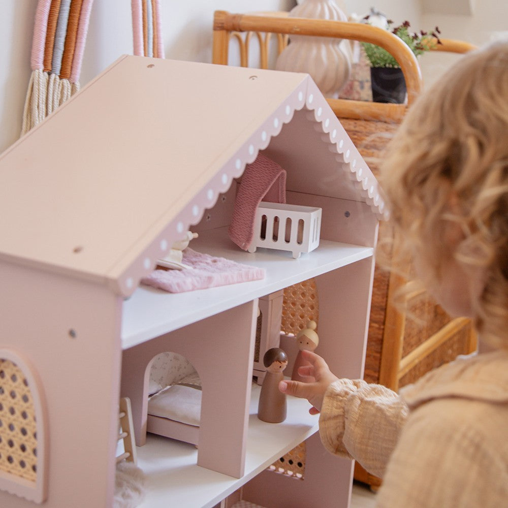 Maison de poupĂ©es en bois â Rose avec accessoires et poupĂ©es