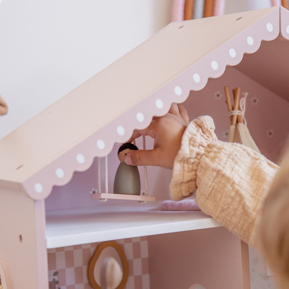 Maison de poupĂ©es en bois â Rose avec accessoires et poupĂ©es