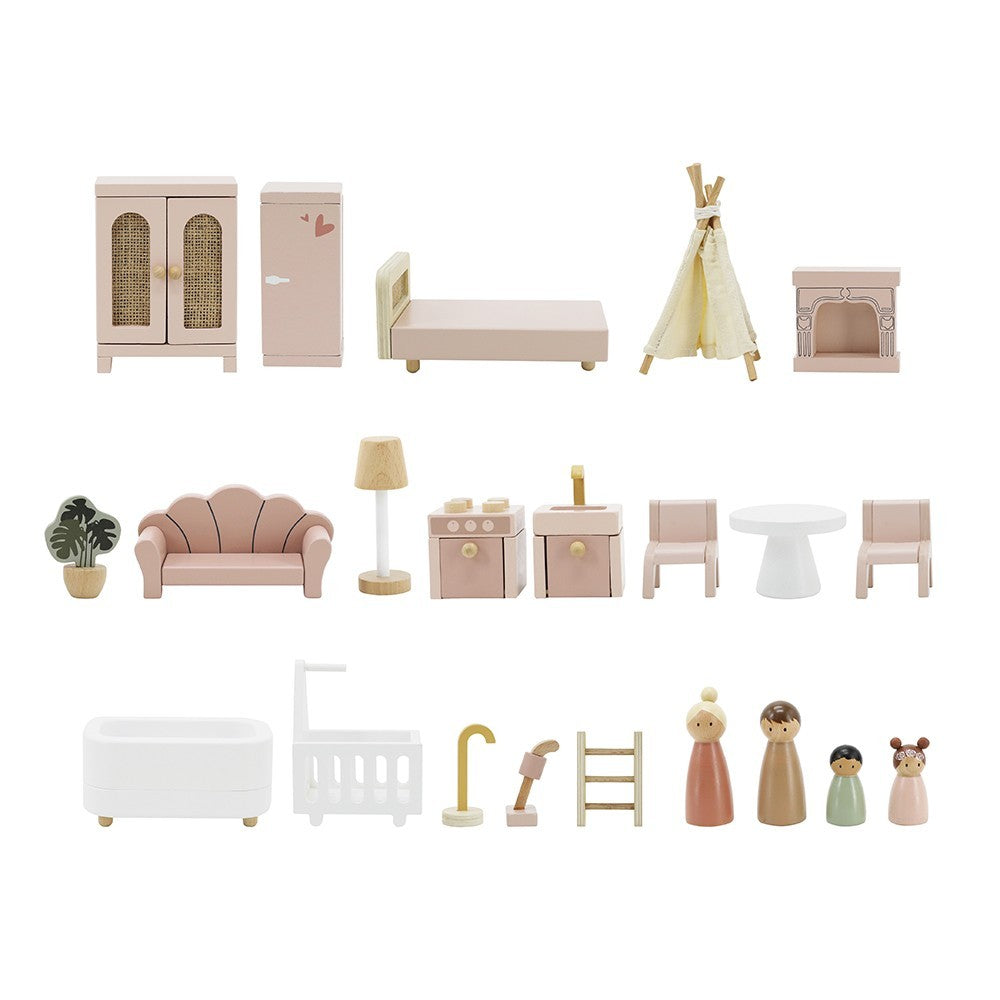 Maison de poupĂ©es en bois â Rose avec accessoires et poupĂ©es