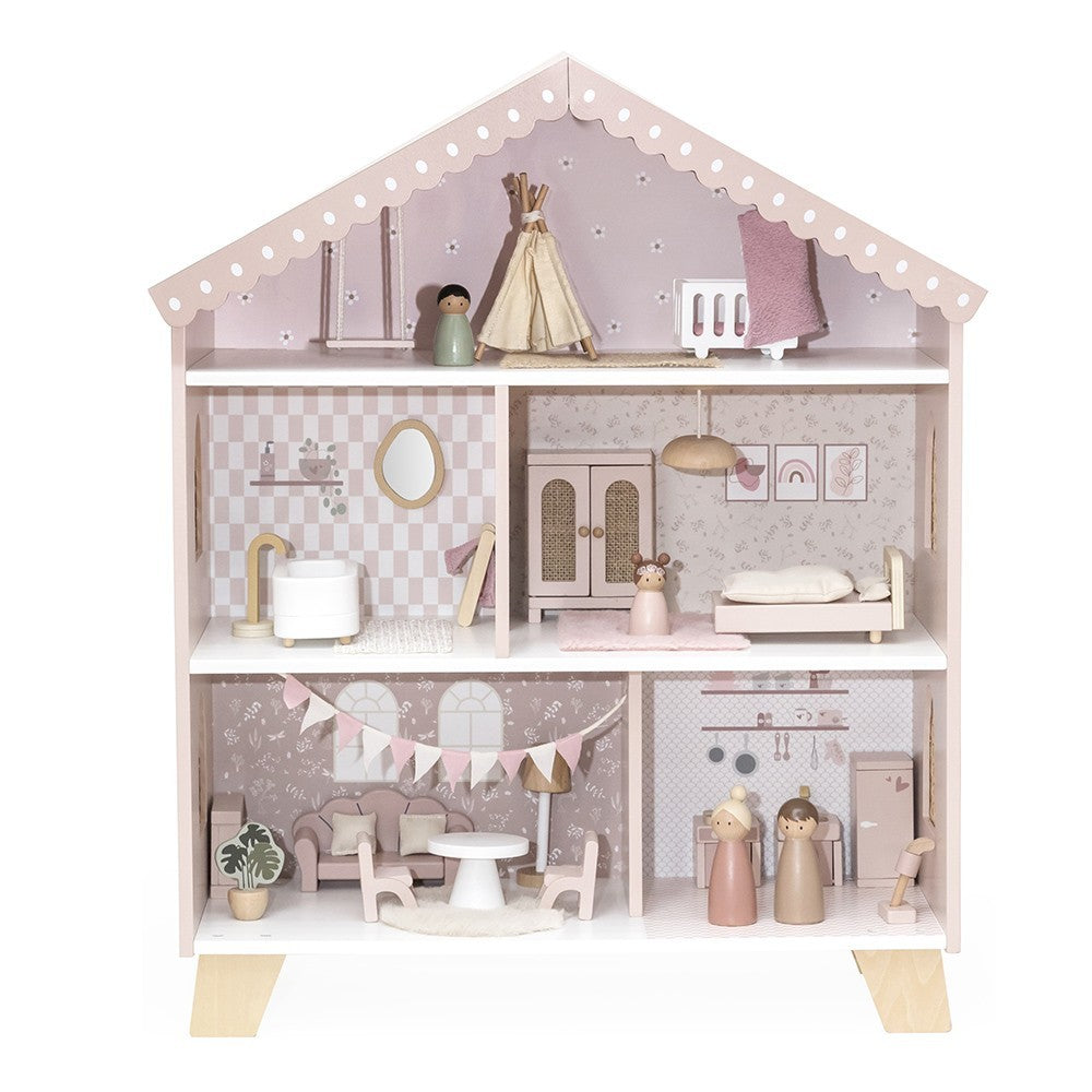 Maison de poupĂ©es en bois â Rose avec accessoires et poupĂ©es