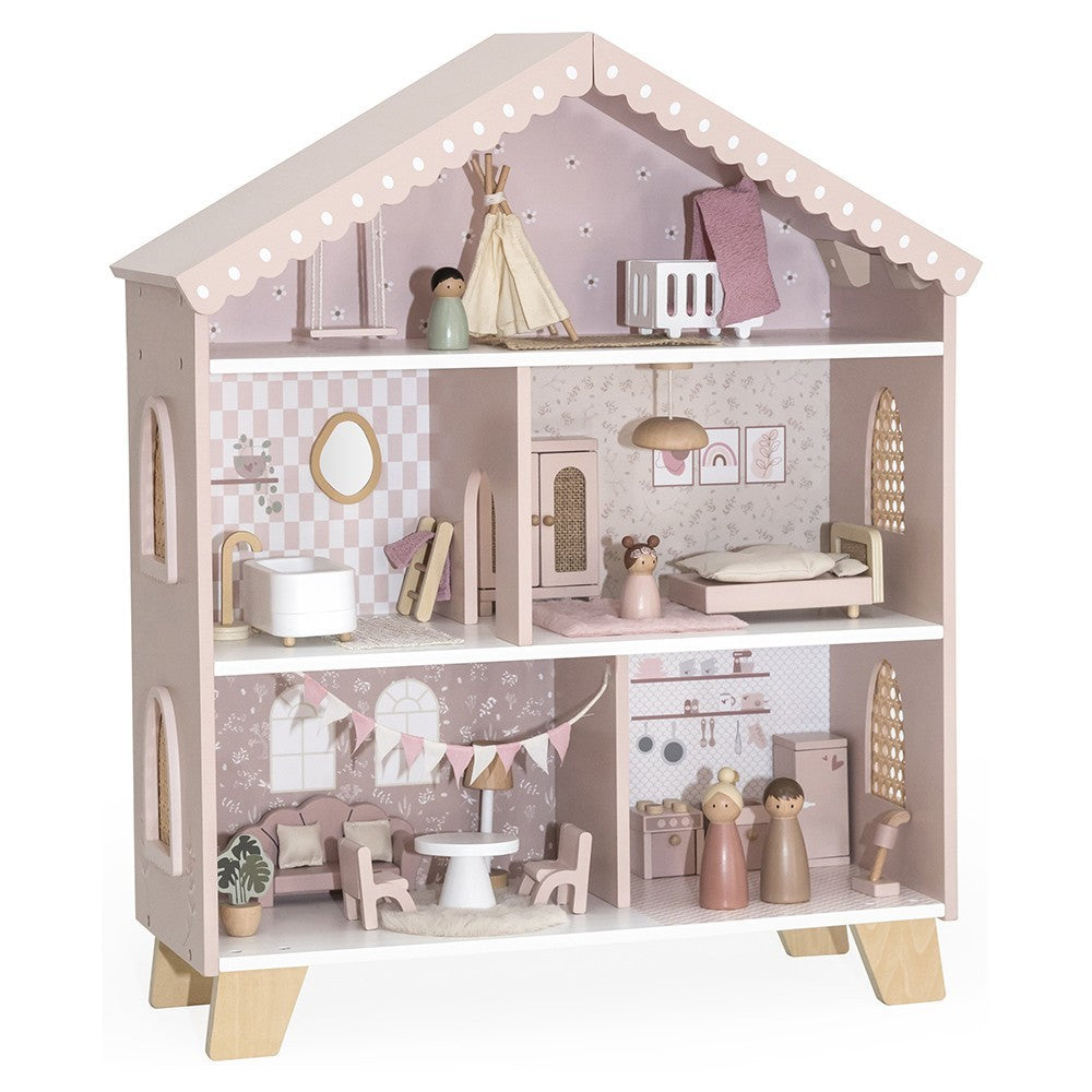 Maison de poupĂ©es en bois â Rose avec accessoires et poupĂ©es