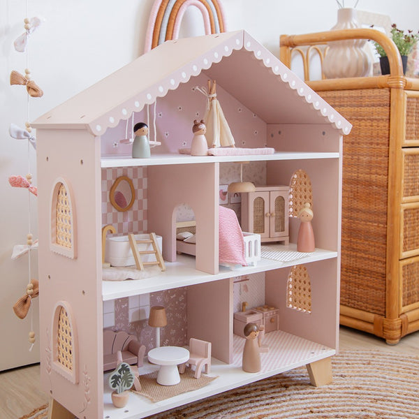Maison de poupĂ©es en bois â Rose avec accessoires et poupĂ©es