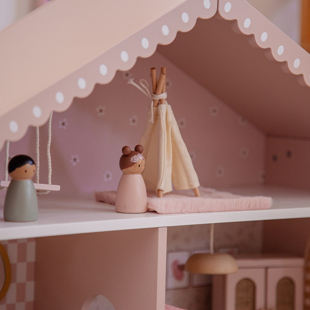 Maison de poupĂ©es en bois â Rose avec accessoires et poupĂ©es