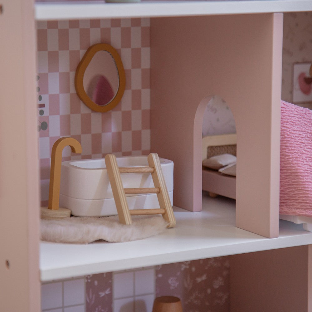 Maison de poupĂ©es en bois â Rose avec accessoires et poupĂ©es