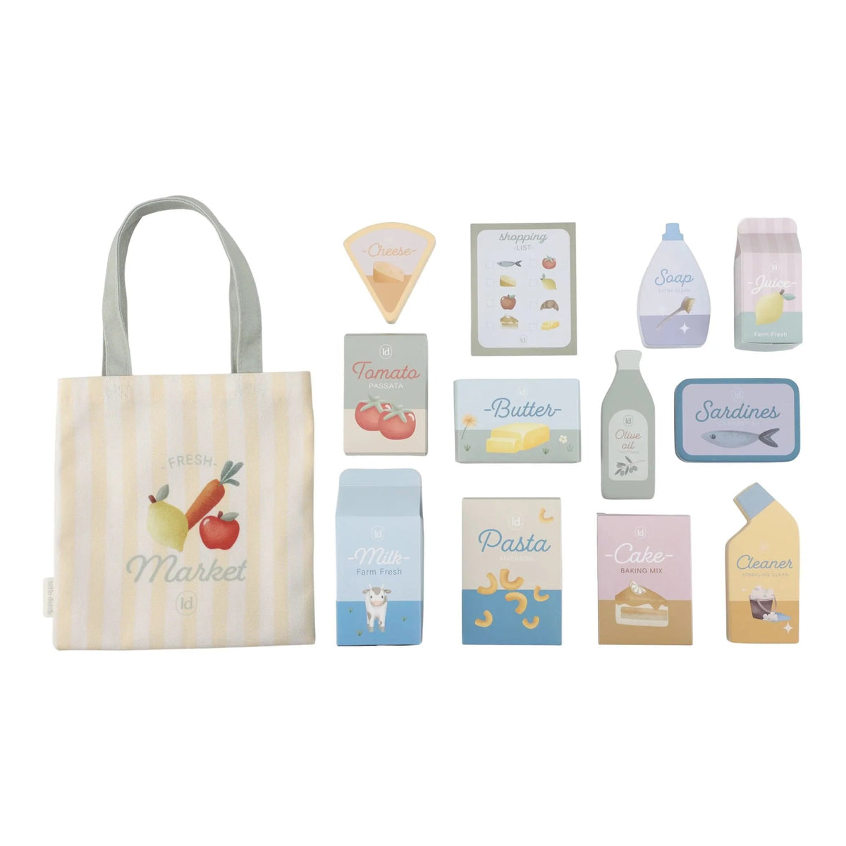 Chariot de courses en bois FSC 🛒 avec accessoires et sac inclus. Léger, robuste et parfait dès 12 mois pour imiter les grands et faire ses courses comme au marché !