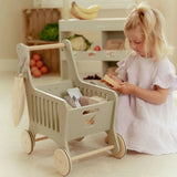 Chariot de courses en bois FSC 🛒 avec accessoires et sac inclus. Léger, robuste et parfait dès 12 mois pour imiter les grands et faire ses courses comme au marché !