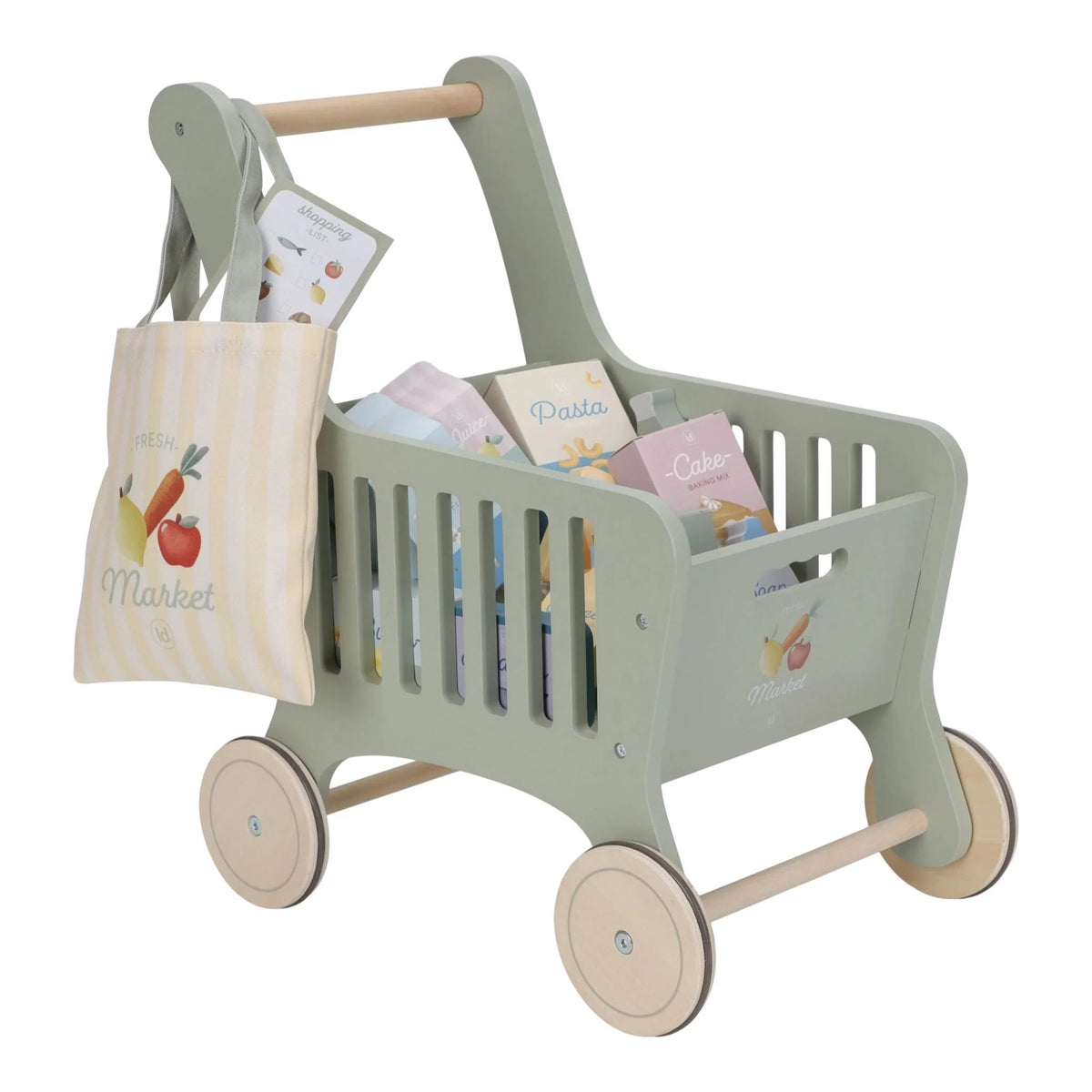 Chariot de courses en bois FSC 🛒 avec accessoires et sac inclus. Léger, robuste et parfait dès 12 mois pour imiter les grands et faire ses courses comme au marché !
