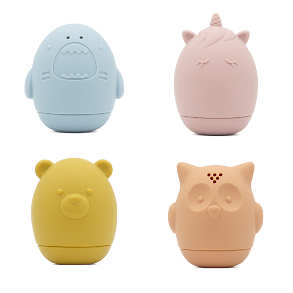 Lot de 4 jouets de bain en silicone – Licorne, Ours, Hibou et Requin