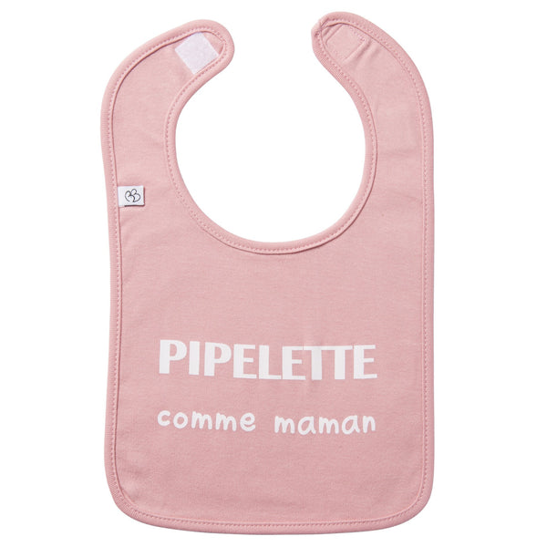 Bavoir “Pipelette comme maman” rose thé