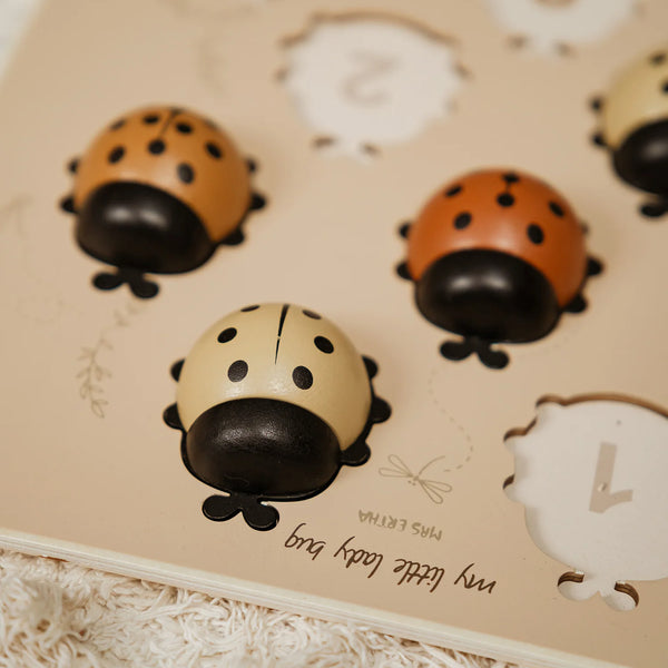 Découvrez Mes Dames 🐞, un puzzle Montessori en bois pour développer motricité, reconnaissance des formes et premiers chiffres dès 3 ans.