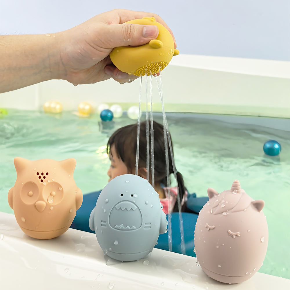 Lot de 4 jouets de bain en silicone – Licorne, Ours, Hibou et Requin