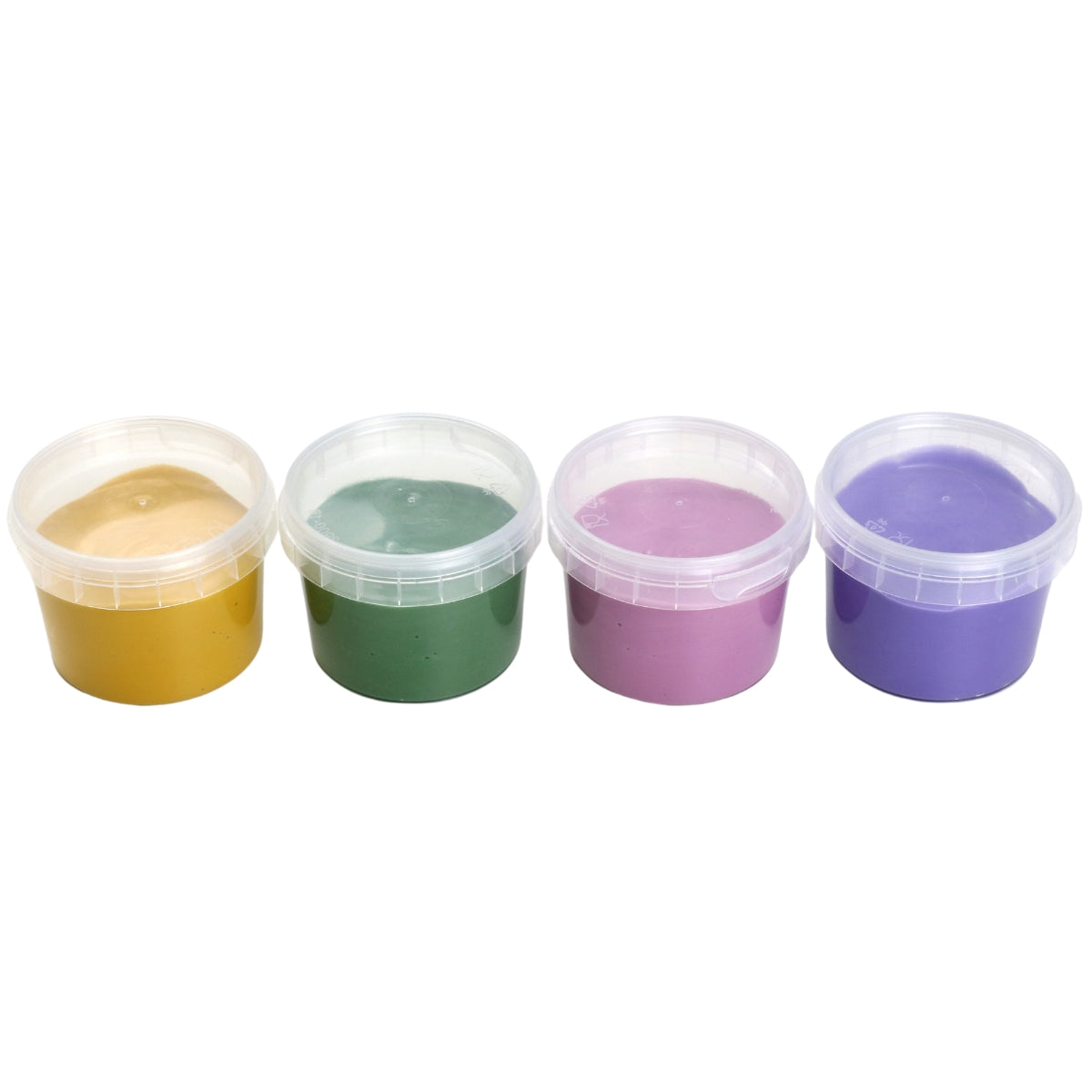 Coffret 4 pots peinture aux doigts “Luka”, naturelle et vegan, couleurs jaune, vert, rose et violet. Texture crémeuse anti-éclaboussure, sûre pour les enfants, lavable à l’eau savonneuse.