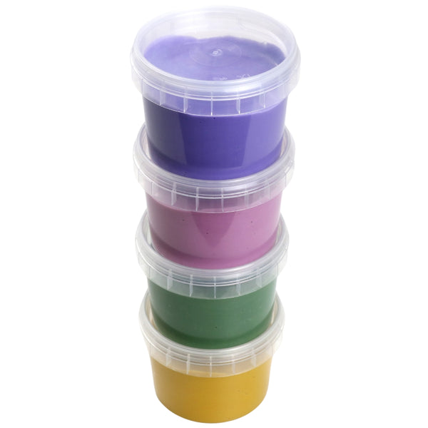 Coffret 4 pots peinture aux doigts “Luka”, naturelle et vegan, couleurs jaune, vert, rose et violet. Texture crémeuse anti-éclaboussure, sûre pour les enfants, lavable à l’eau savonneuse.