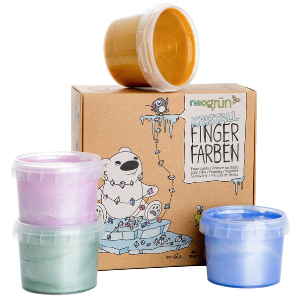 Coffret 4 pots peinture aux doigts “Mika Cristal”, naturelle et vegan, couleurs scintillantes quartz rose, jade, saphir et or. Texture crémeuse anti-éclaboussure, sûre pour les enfants, lavable à l’eau savonneuse.
