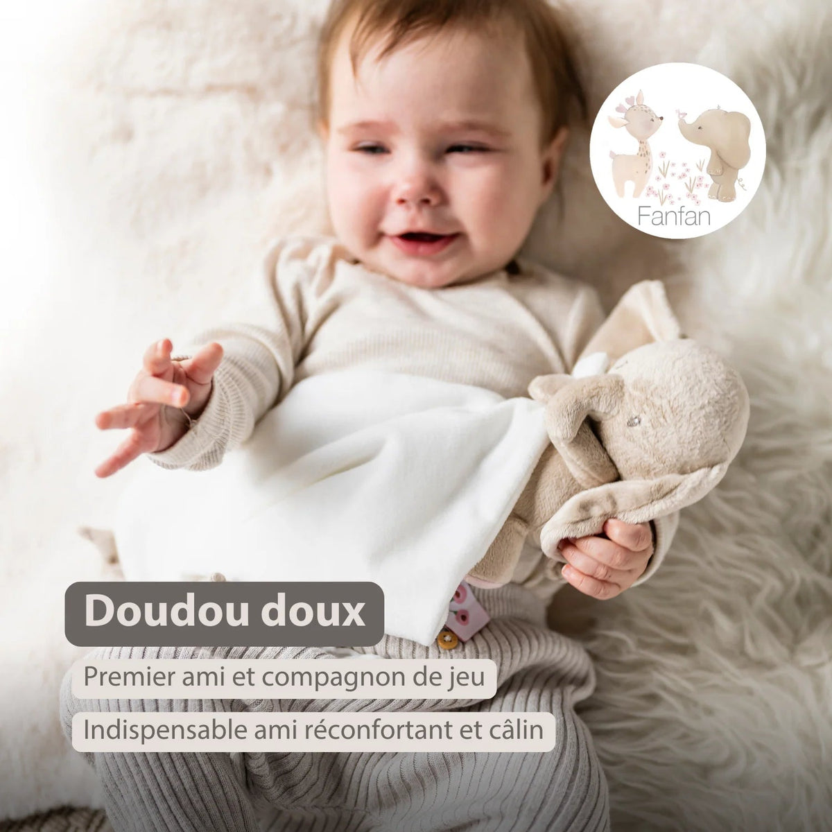 FANFAN Doudou câlin éléphant 27x27cm blanc cassé NATTOU
