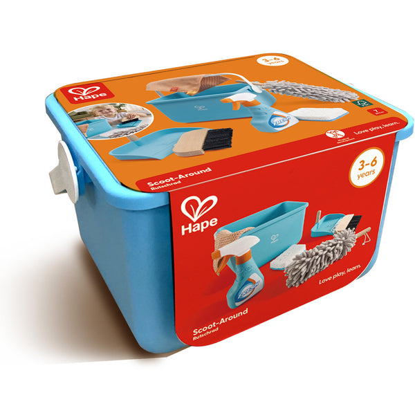Coffret de nettoyage complet Hape avec seau, balai, plumeau et accessoires. Jouet d’imitation durable et éducatif, idéal pour développer la motricité et le jeu symbolique.