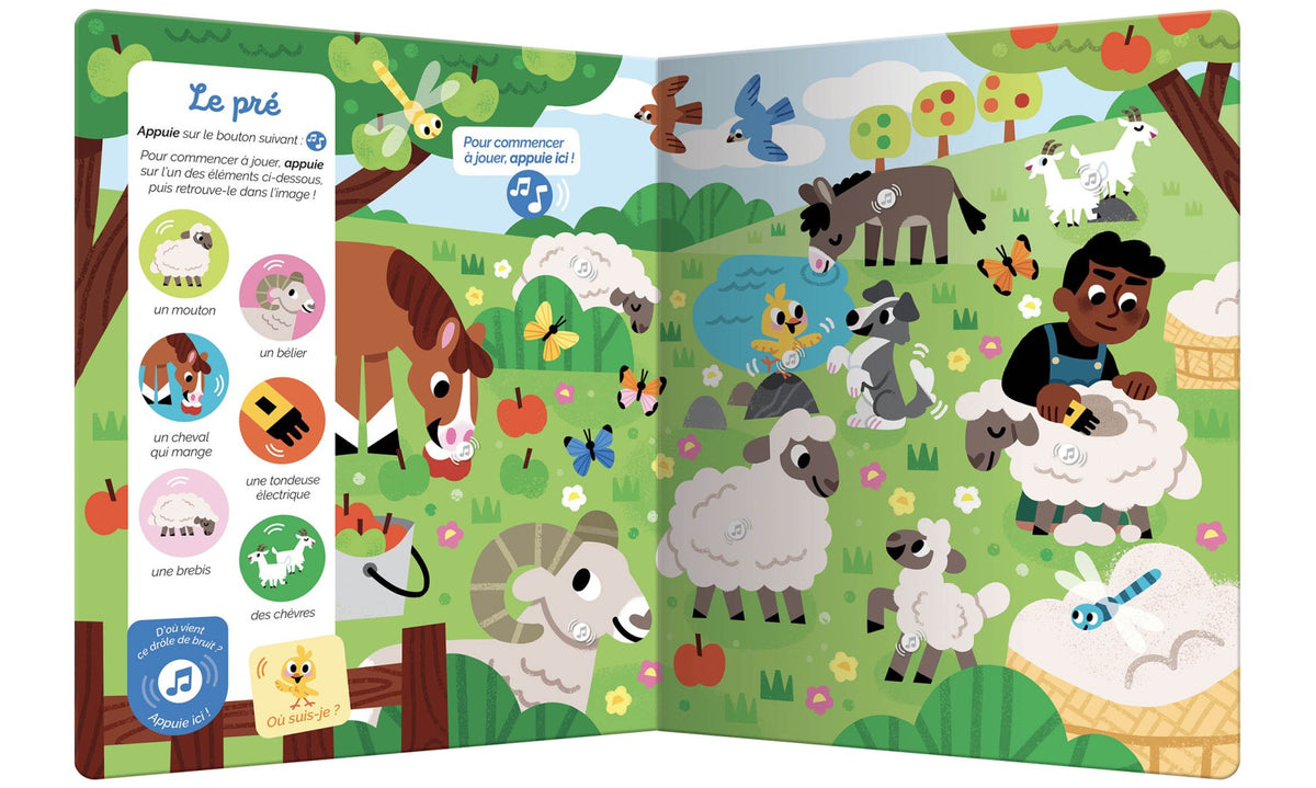 12 planches interactives et 100 sons à découvrir 🌾 Un cherche-et-trouve sonore pour éveiller l’attention, l’observation et l’audition des enfants dès 1 an !
