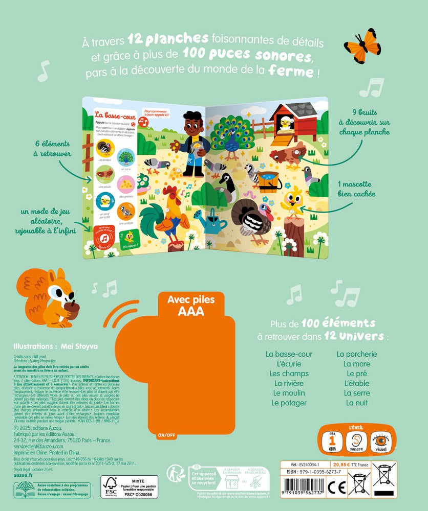12 planches interactives et 100 sons à découvrir 🌾 Un cherche-et-trouve sonore pour éveiller l’attention, l’observation et l’audition des enfants dès 1 an !