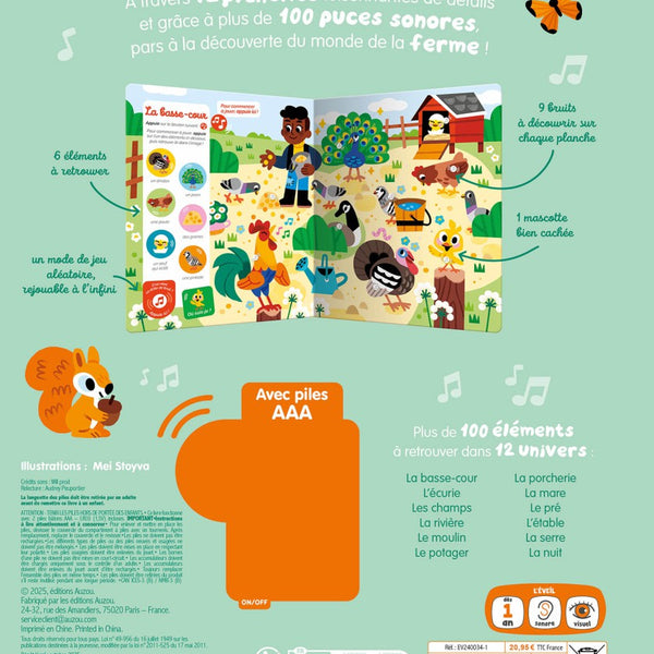 12 planches interactives et 100 sons à découvrir 🌾 Un cherche-et-trouve sonore pour éveiller l’attention, l’observation et l’audition des enfants dès 1 an !