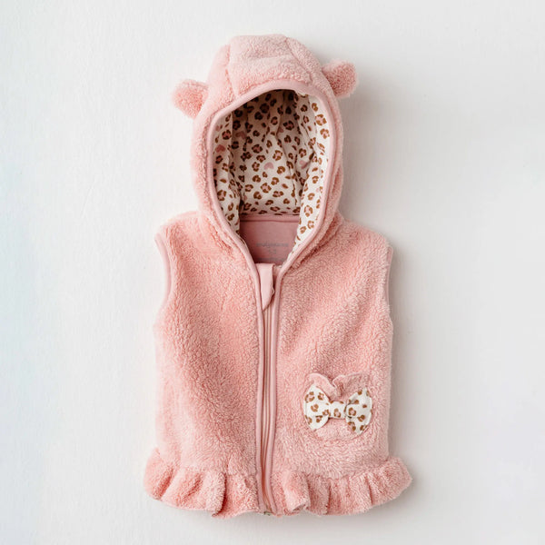 Veste sans manches en welsoft pour bébé, chaude et douce avec capuche à oreilles et intérieur léopard Garou. Disponible de 1 à 24 mois, parfaite pour un look craquant et confortable.