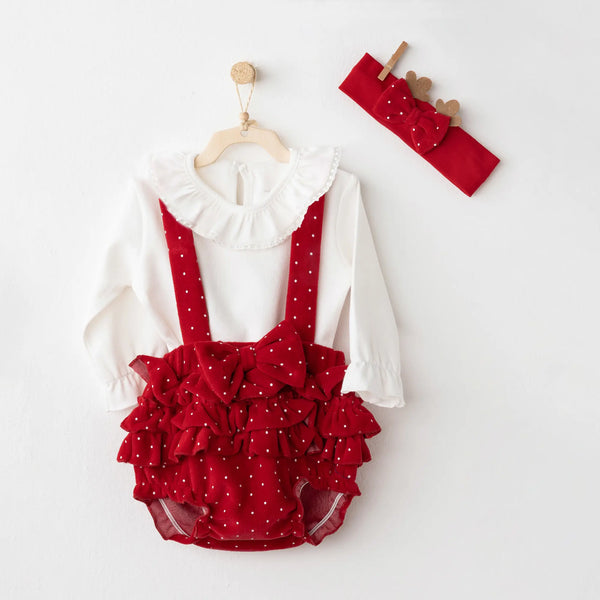 Pyjama bébé fille en velours et coton, set 3 pièces idéal pour Noël et occasions spéciales. Disponible en tailles 1-3, 3-6, 6-9 et 9-12 mois pour des fêtes confortables et stylées.