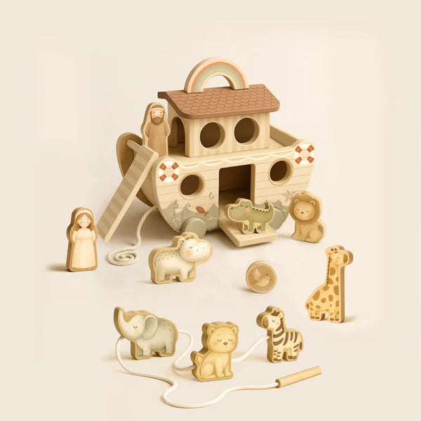 Arche de Noé en bois avec animaux – Jouet d’éveil 18 mois MRS ERTHA