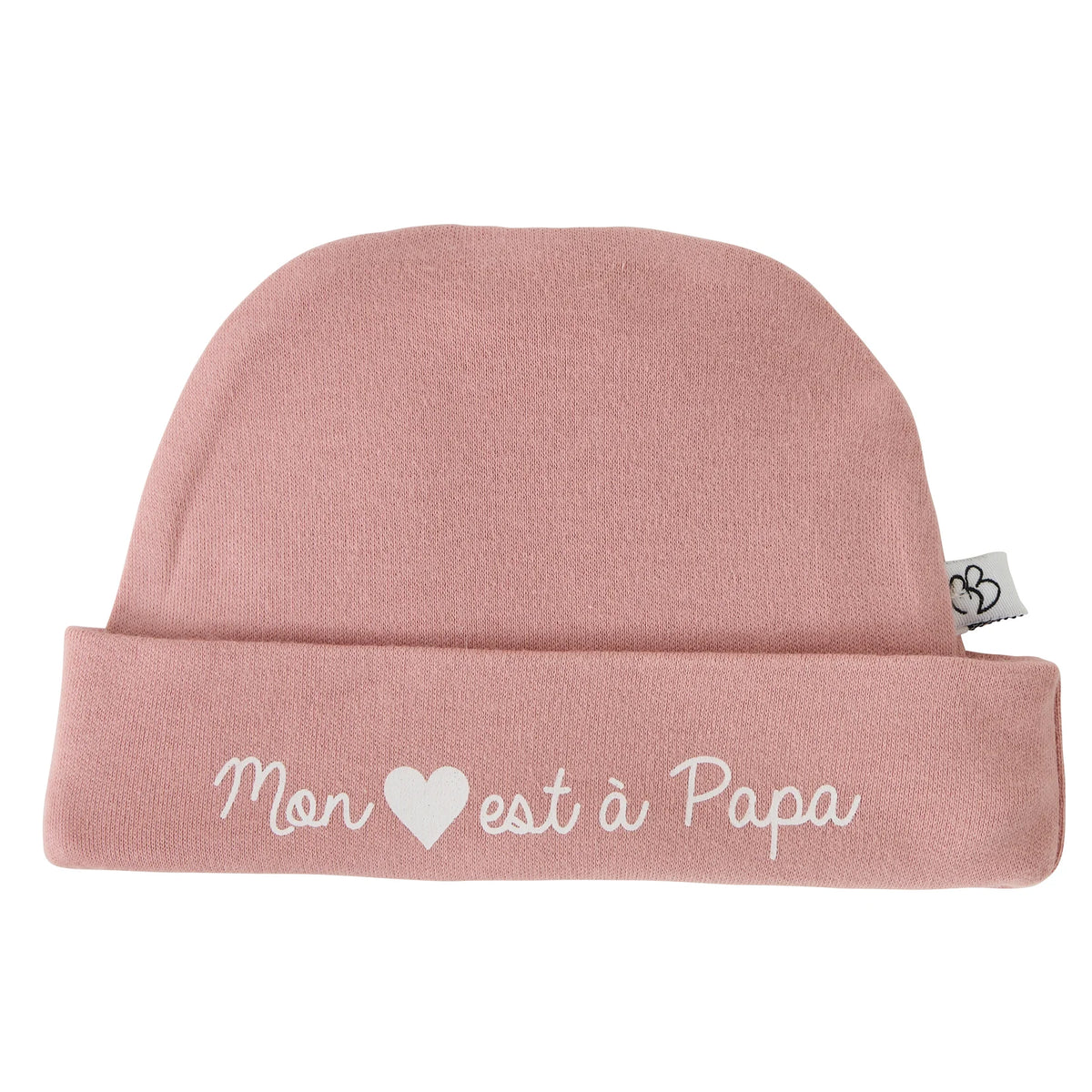Bonnet naissance “Mon cœur est à papa”, 100% coton doux, forme turban tendance. Taille unique pour bébé, lavable en machine. Cadeau idéal pour la maternité.
