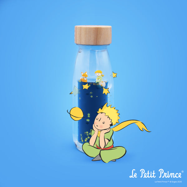Bouteille sensorielle bébé inspirée du Petit Prince. Jouet d’éveil apaisant pour stimuler la curiosité et l’observation.