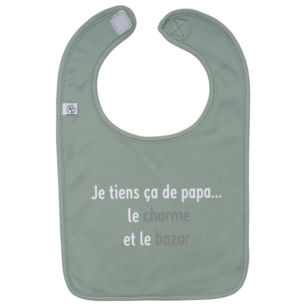Bavoir “Je tiens ça de papa” vert de gris BB & CO