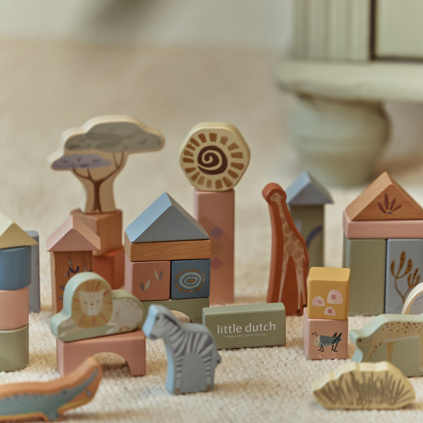 Blocs de construction en bois Safari Friends – 50 cubes en bois enfant