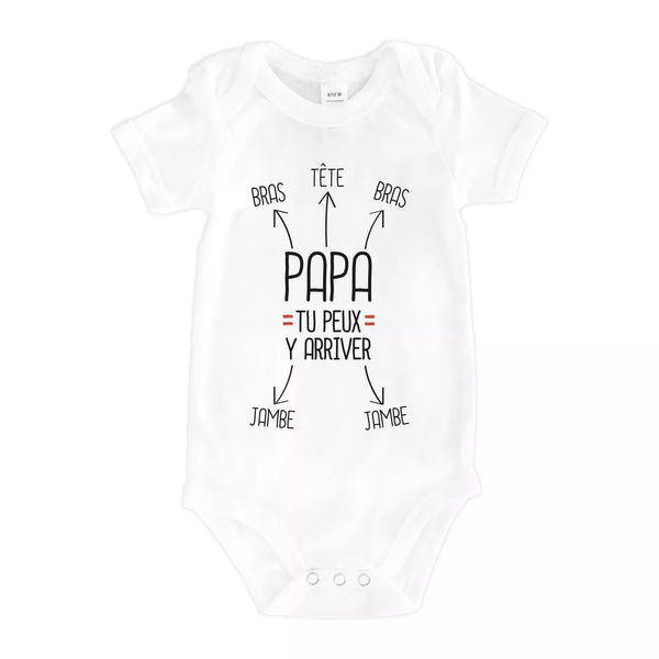 Body bébé blanc Papa tu peux y arriver en coton doux, message humour pour jeune papa