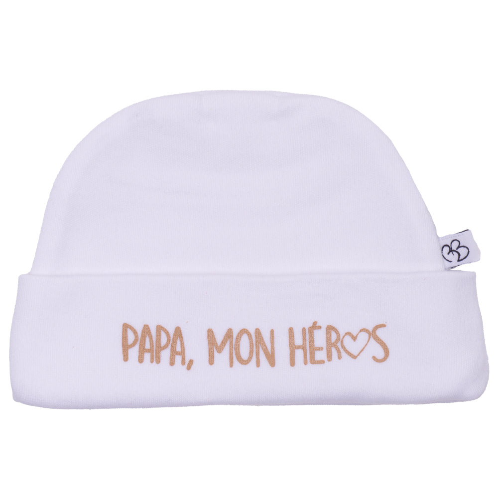Bonnet Naissance “Papa mon héros" blanc BB & CO