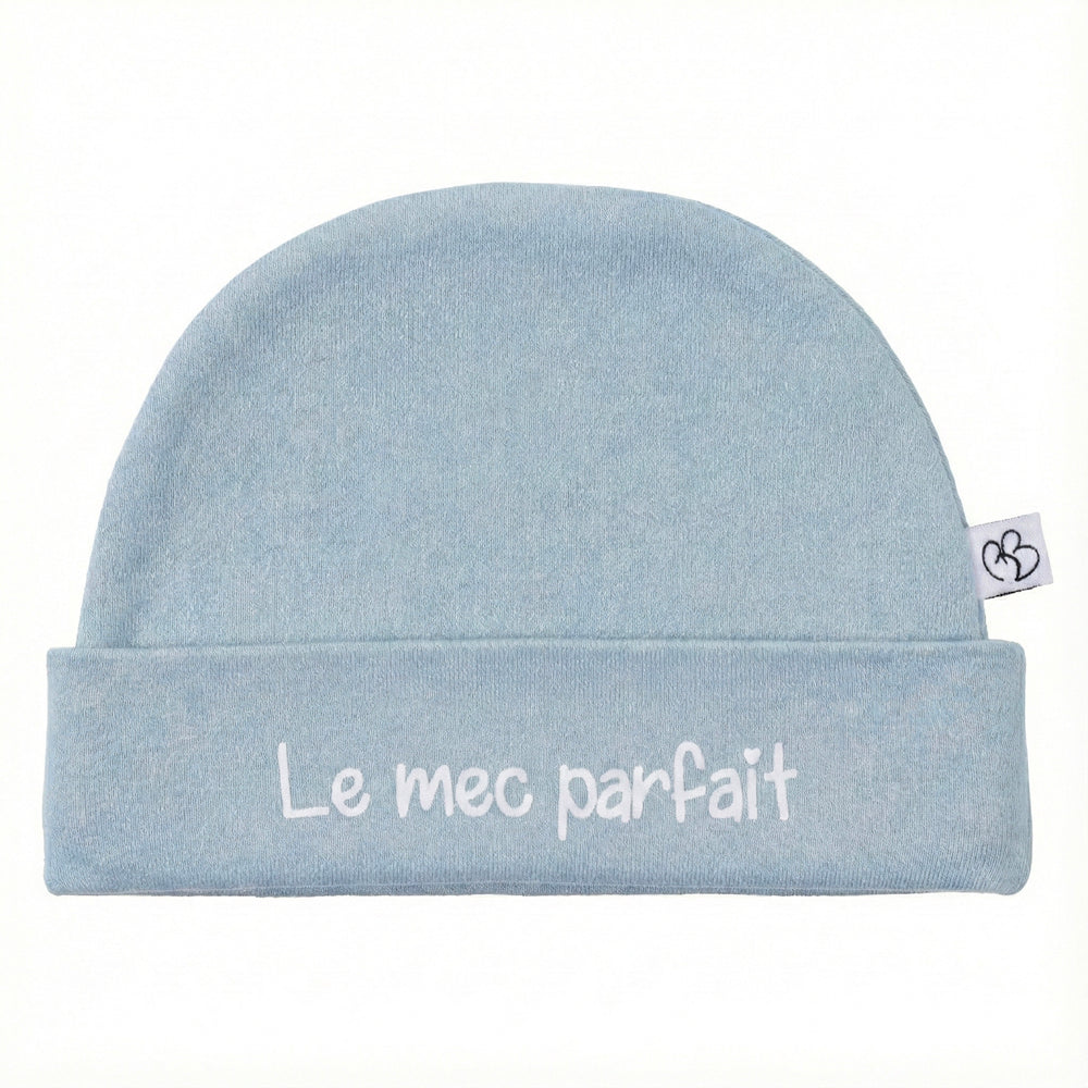 Bonnet Naissance bébé “Le mec parfait” bleu grisé BB & CO