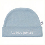 Bonnet Naissance bébé “Le mec parfait” bleu grisé BB & CO