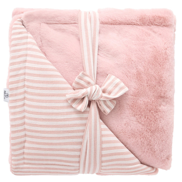 Couverture Luxe fausse fourrure angora / gaze rayé vieux rose