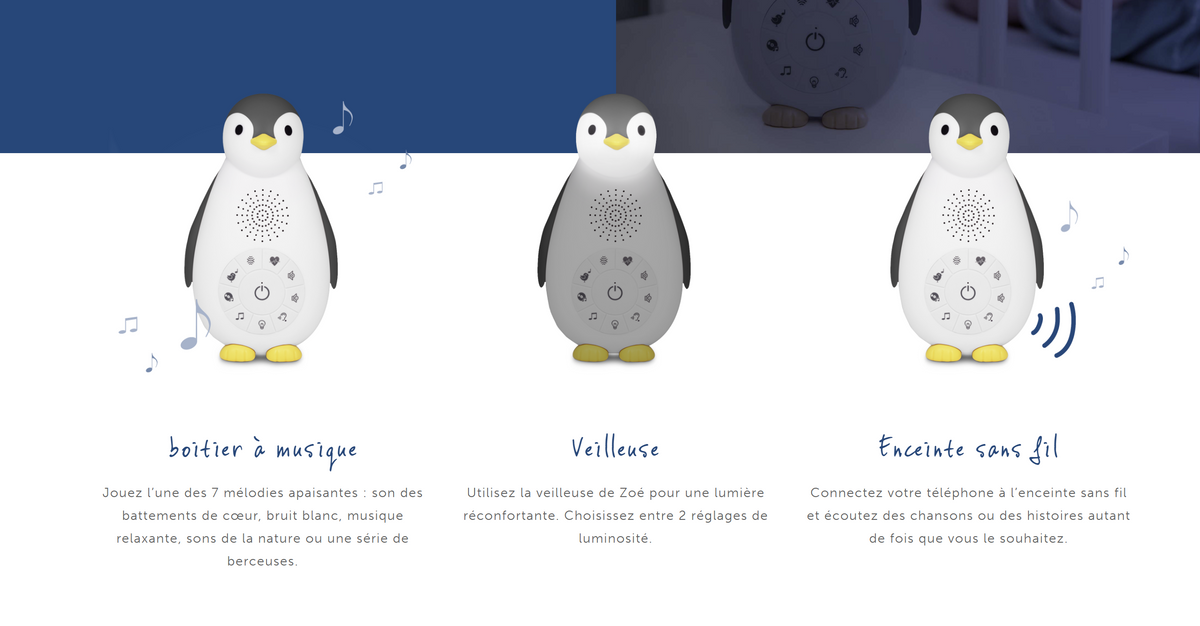ZOË le pingouin Rose - machine à son avec haut-parleur sans fil et veilleuse