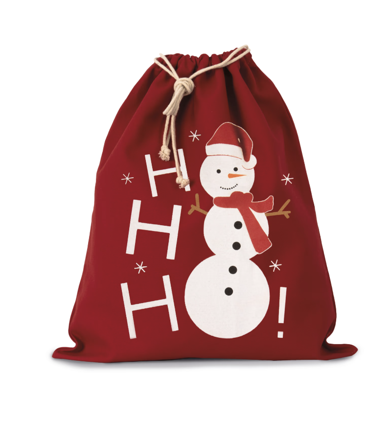 Sac coton à cordon motif bonhomme de neige rouge