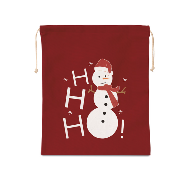 Sac coton à cordon motif bonhomme de neige rouge
