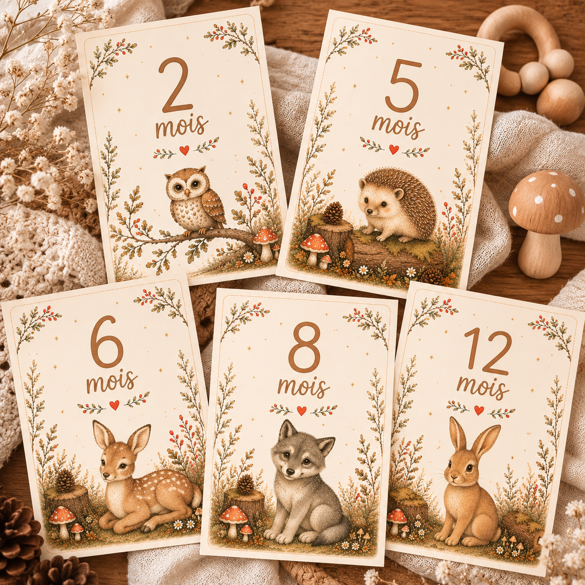 Cartes étapes 12 mois thème forêt Petit coeur salé