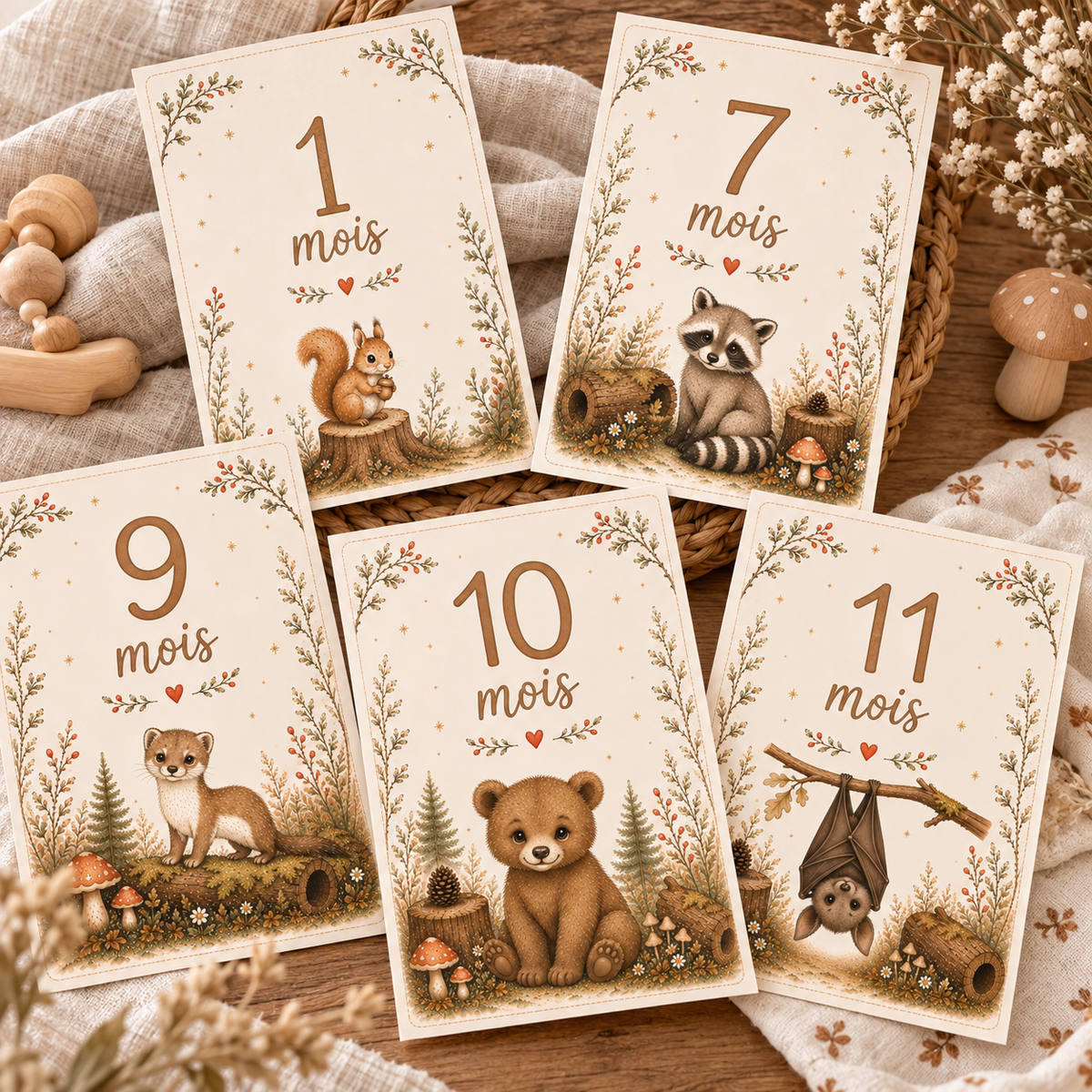 Cartes étapes 12 mois thème forêt Petit coeur salé