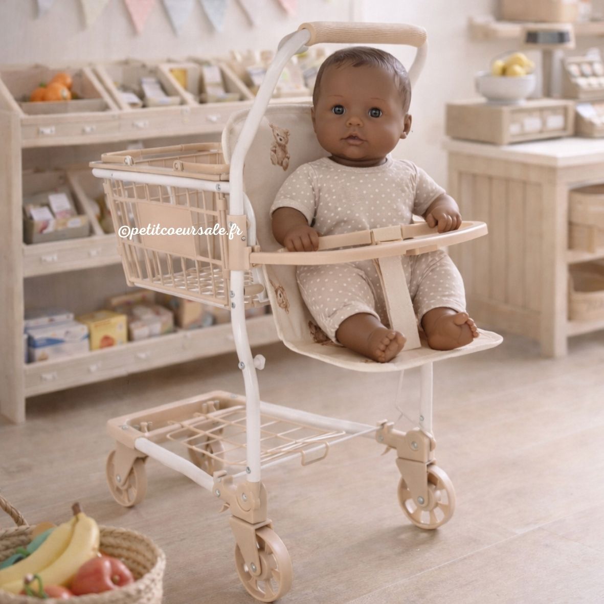 Chariot de courses enfant beige – Jouet imitation motif ours Roma