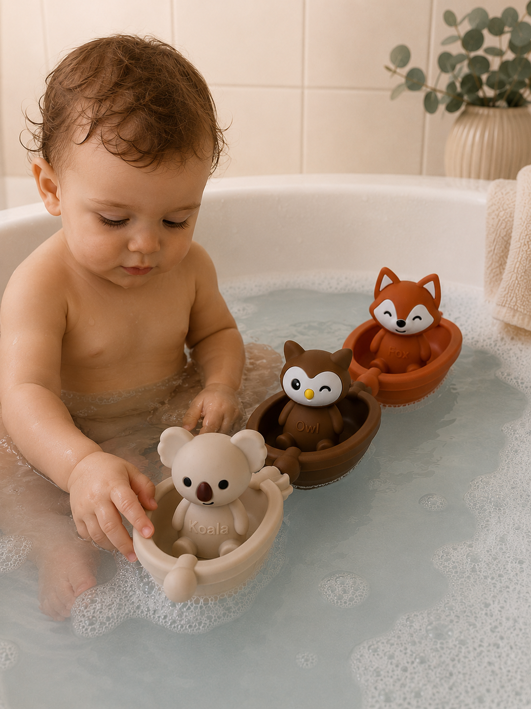 Jouets de bain bébé silicone – 3 bateaux et animaux à assembler GMLB