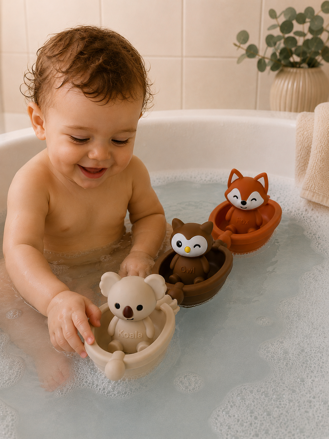 Jouets de bain bébé silicone – 3 bateaux et animaux à assembler GMLB