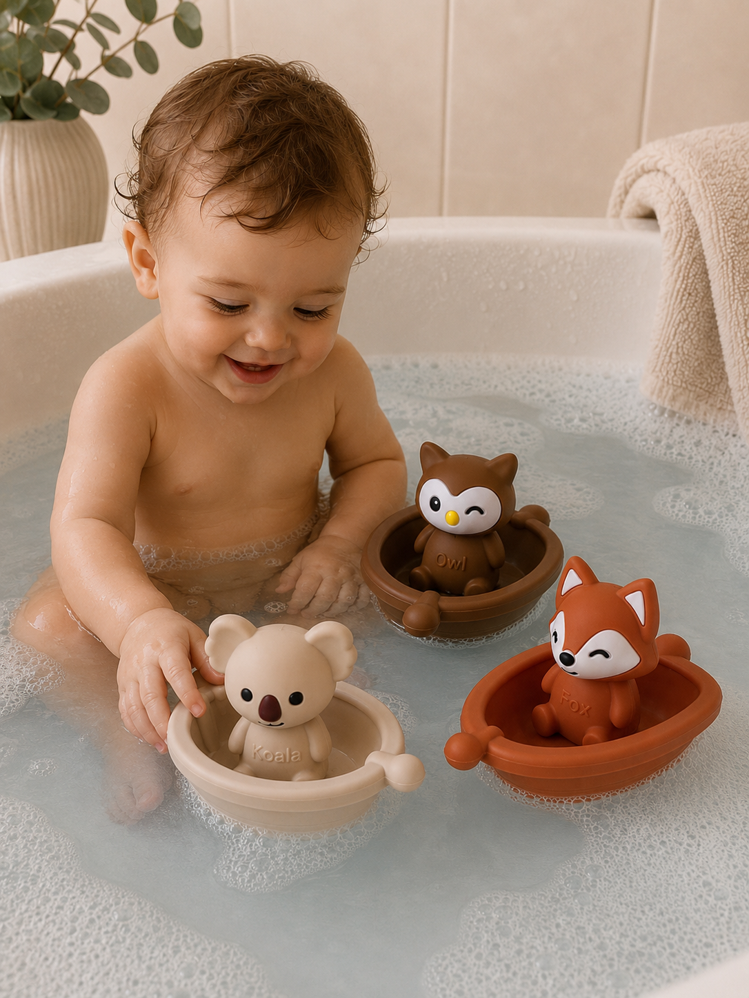 Jouets de bain bébé silicone – 3 bateaux et animaux à assembler GMLB