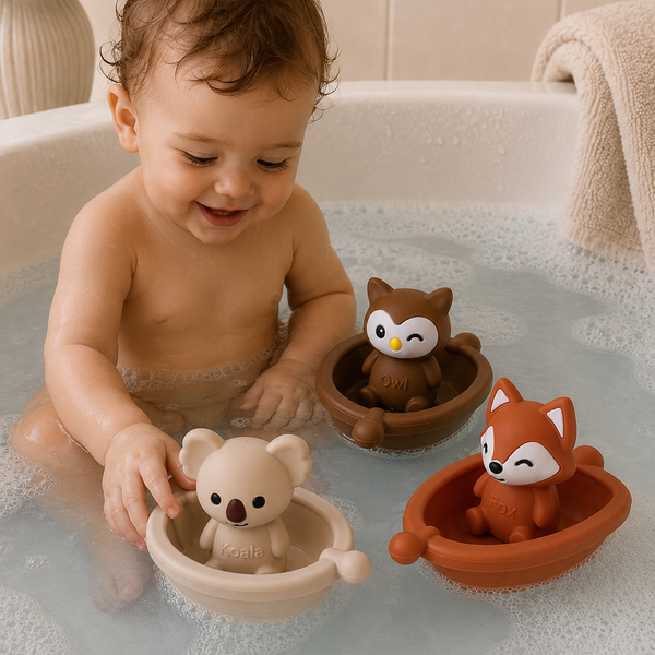 Jouets de bain bébé silicone – 3 bateaux et animaux à assembler GMLB