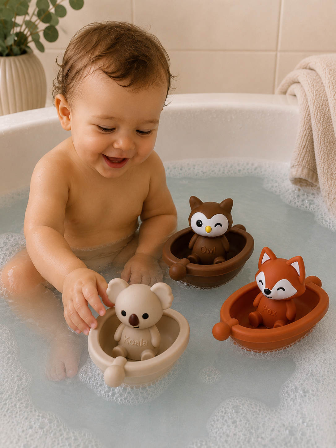 Jouets de bain bébé silicone – 3 bateaux et animaux à assembler GMLB