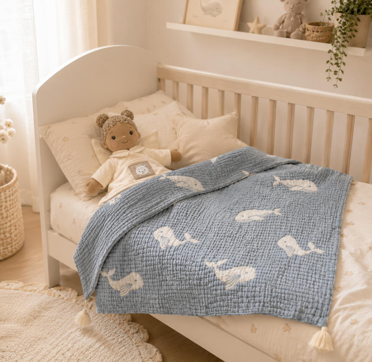 Couverture bébé mousseline matelassée – baleine bleue en relief LA MARRAINE